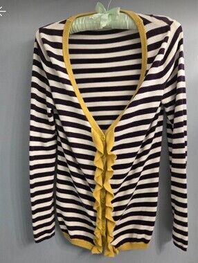 Black/white Striped Cardigan With Yellow/kiwi Ruffle V-neck Ruffle Accent